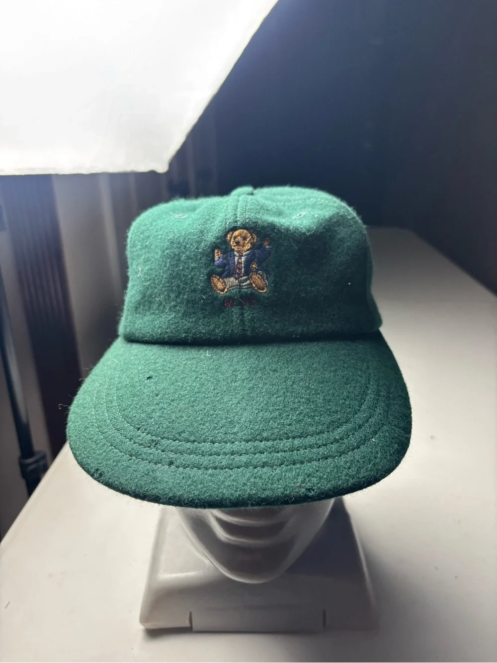 Vintage Polo Ralph Lauren 1993 Sit-down Bear long bill hat Green 100% Wool Sz S